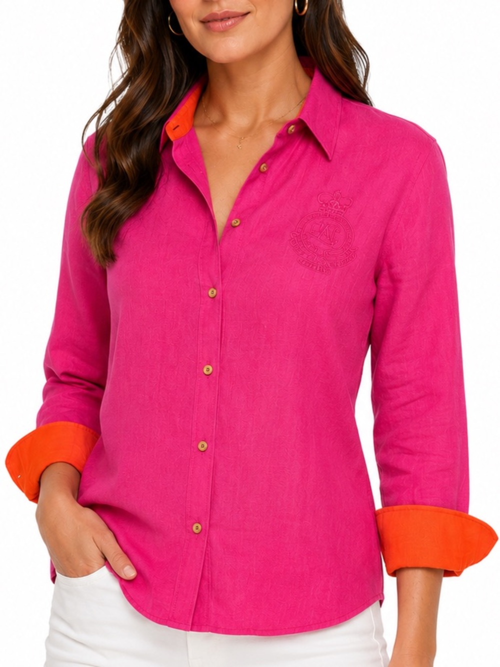Linen Crest Lauren Ralph Lauren Button Shirt Pink Orange Cuff Colorful Preppy LP